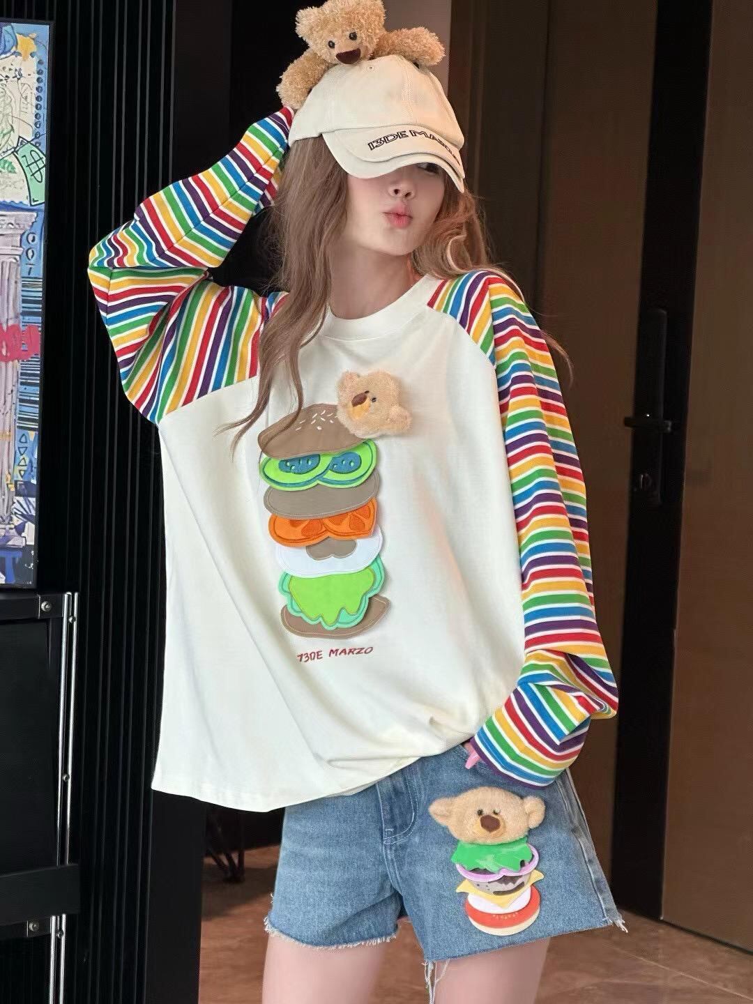 都市ファッショ デザイン オシャレ 大人可愛い 着心地良い プリント ストライプ柄 半袖Tシャツ<U-9332>