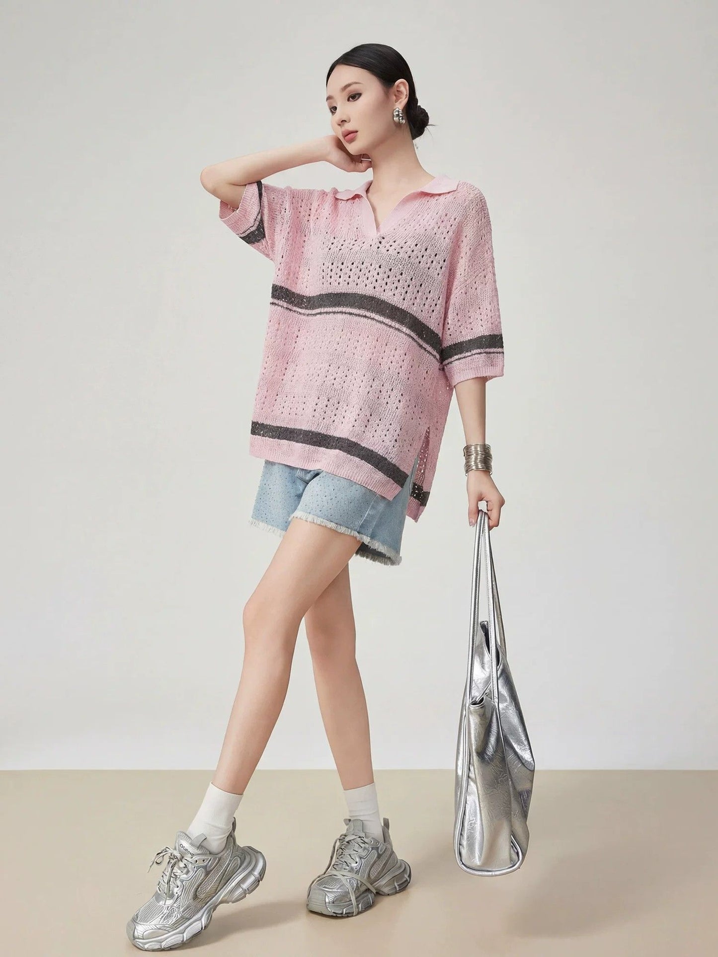 ファッション感満々 透かし編み ポロネック Tシャツ U-80089