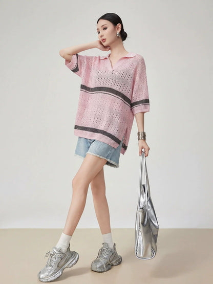 ファッション感満々 透かし編み ポロネック Tシャツ U-80089