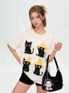 丸首 黒猫プリント 合わせやすい カジュアル 万能 着瘦せ Tシャツ F-50092