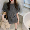 美人度アップ ウサギ ビジュー ロング Tシャツ 三色 ゆったり半袖＜U-2945＞