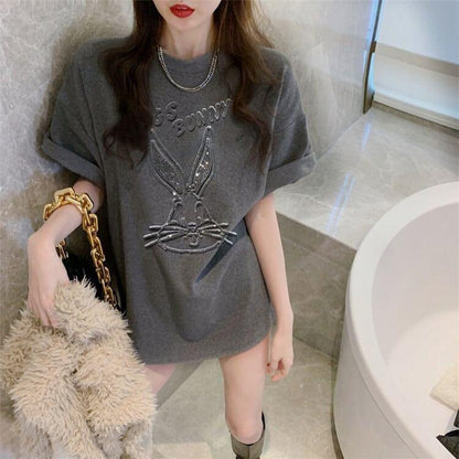 美人度アップ ウサギ ビジュー ロング Tシャツ 三色 ゆったり半袖＜U-2945＞