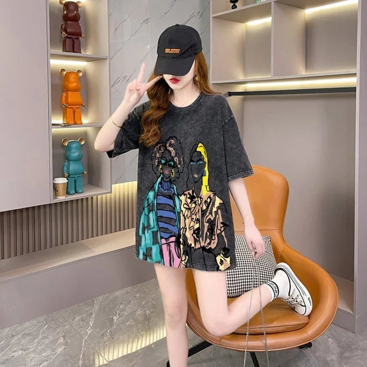 おすすめ ストリート系 ヴィンテージ加工 プリントTシャツ ゆったり半袖＜U-3022＞