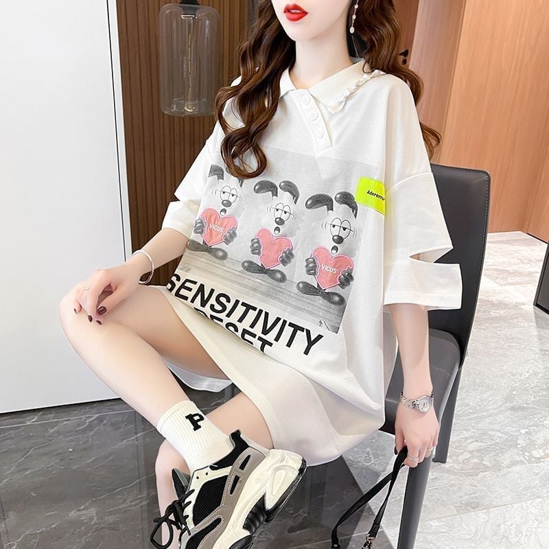 夏新作 アルファベットプリント POLOネック ロング Tシャツ ゆったりワンピース ＜U-3038＞
