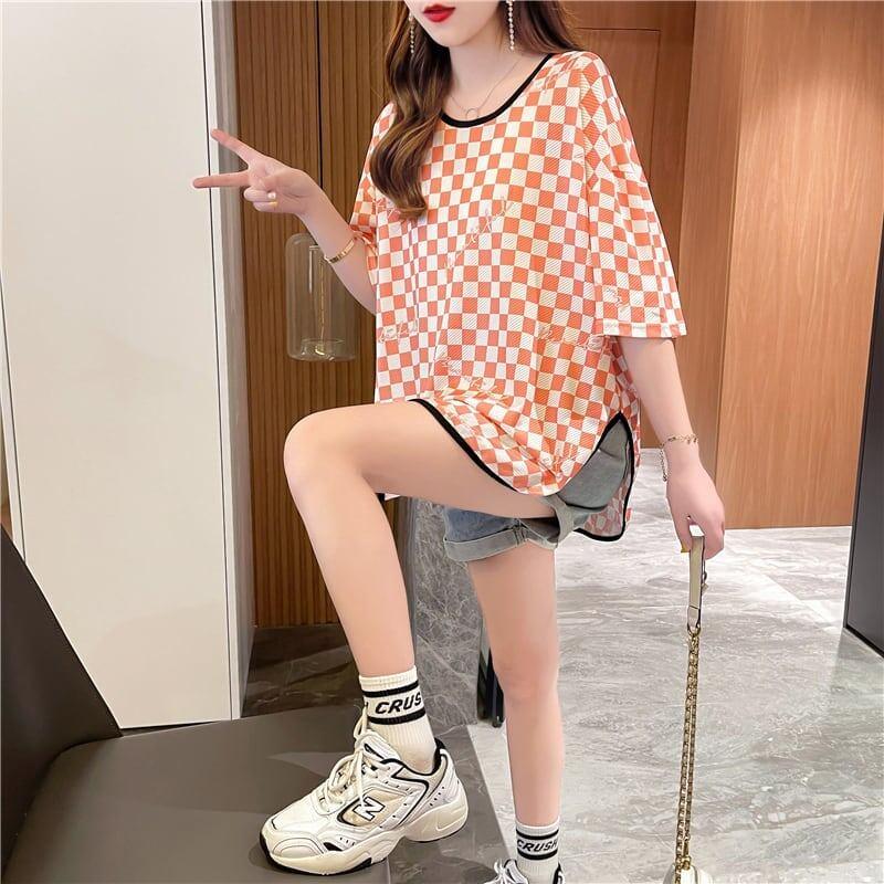 好感度満載 ラウンドネック 女性力を高める チェック柄 Tシャツ カットソー＜U-2985＞