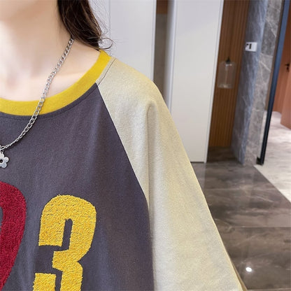 絶対欲しい カラーマッチング 数字刺? ロング Tシャツ ゆったり 半袖 ＜U-2896＞