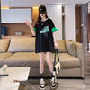 韓国系 プリント ラウンドネック ロング Tシャツ ゆったり半袖 ＜U-2988＞