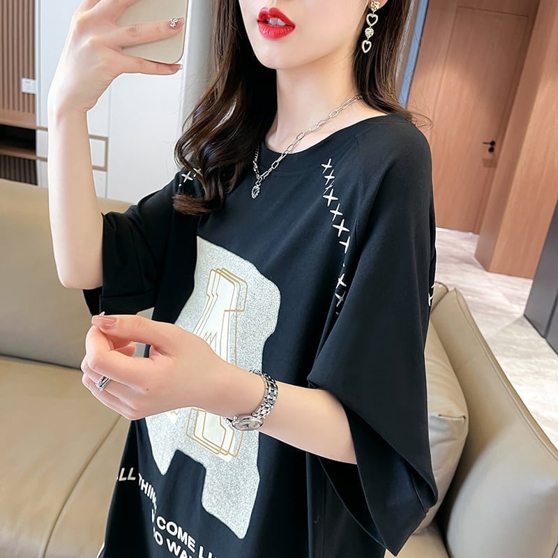 超人気商品 ロング アルファベット プリントTシャツ 三色 ゆったり半袖 ＜U-4019＞