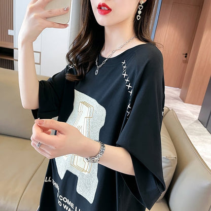 超人気商品 ロング アルファベット プリントTシャツ 三色 ゆったり半袖 ＜U-4019＞