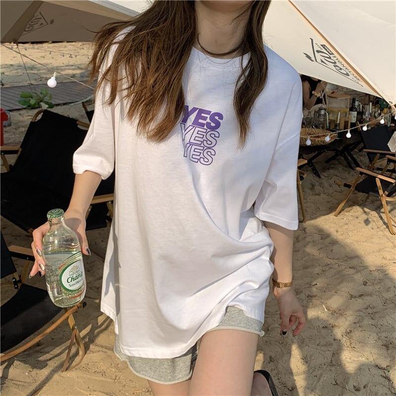 着心地良い プリント アルファベット ロング Tシャツ ゆったり半袖 ＜U-2851＞