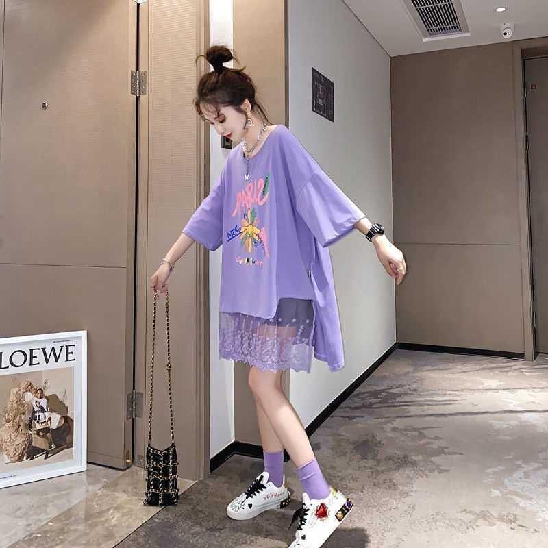 スウィート 花柄 レース アルファベット プリント ロングTシャツ ゆったり半袖＜U-2952＞