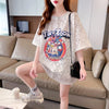 ハイエンドデザインセンスレース中空ルーズミドル丈半袖Tシャツ<U-3035>