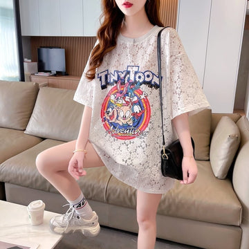 ハイエンドデザインセンスレース中空ルーズミドル丈半袖Tシャツ<U-3035>
