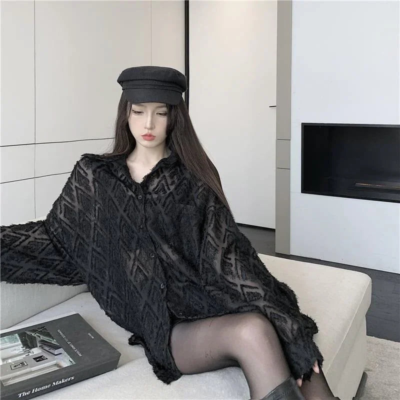 オシャレ度満点 POLOネック 好感度満載 透かし彫り シャツ ブラウス トップス＜U-2776＞