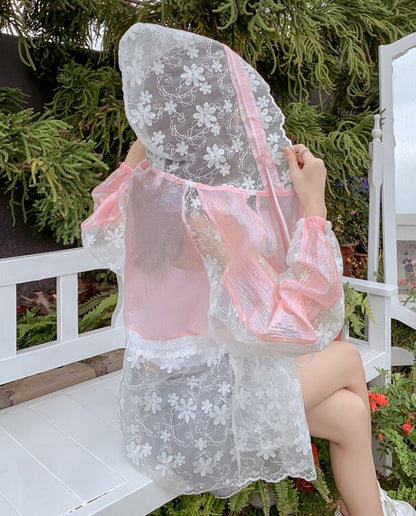 【人気急上昇中！】半額セール キュート 美人度アップ 透け感 日焼け対策 レース 刺繍 全3色 パーカー コート＜U-8510＞