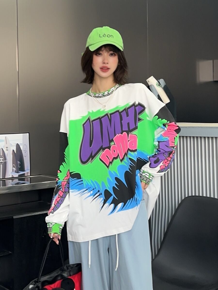 着回し力抜群 アバンギャルド 個性的なデザイン プリント全2色 Tシャツ<U-9225>