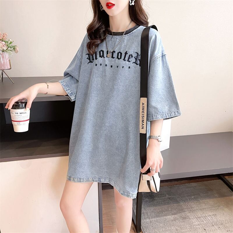 人気商品再入荷 アバンギャルド 着回し力抜群 ルーズ デニム 半袖Tシャツ<U-8804>