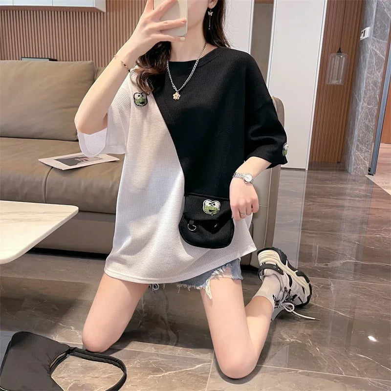 合わせやすい ワッフルTシャツ 切り替え かえるくん ゆったり半袖＜U-2992＞