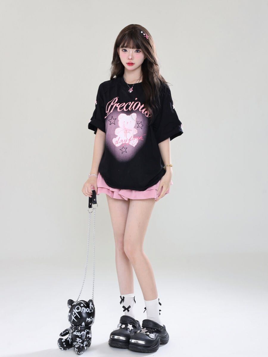 着回し力抜群 レース スウィートプリント 全2色 半袖Tシャツ ＜U-8711＞