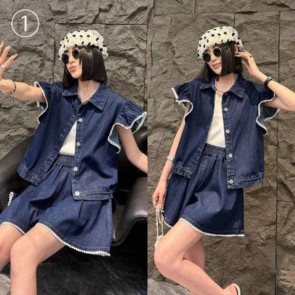 大好評 ファッション 売り切れ必至 2色選択 デニム 半袖 Tシャツ+ 短いスカート セットアップ ＜U-8992＞