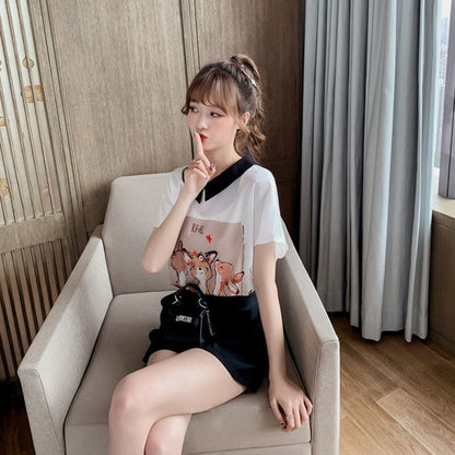 美人度アップ シフォン スウィート 半袖 Tシャツ ショートパンツ セットアップ ＜U-9234＞