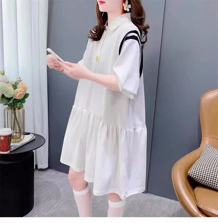 女子力アップ POLOネック 韓国系 ロング Tシャツ 二色 ゆったりワンピース ＜U-2937＞