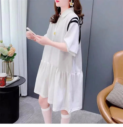 女子力アップ POLOネック 韓国系 ロング Tシャツ 二色 ゆったりワンピース ＜U-2937＞
