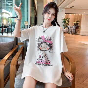 好感度UP ピンク カジュアル プリント スパンコール プリント ゆったり 半袖 Tシャツ＜U-8705＞