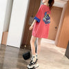 韓国系 ドロップショルダープリント ラウンドネック ロング Tシャツ 三色 ゆったり半袖＜U-3011＞