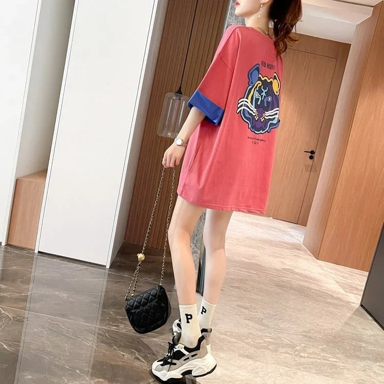 韓国系 ドロップショルダープリント ラウンドネック ロング Tシャツ 三色 ゆったり半袖＜U-3011＞