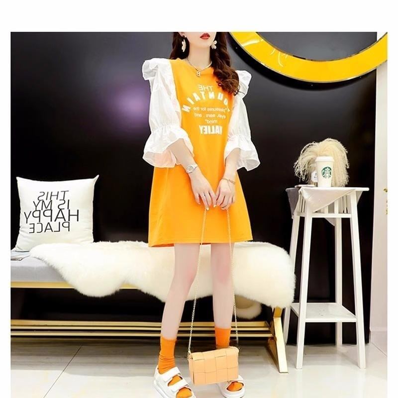 女子力アップ アルファベット パフスリーブ プリント ロングTシャツ ゆったりワンピース ＜U-3054＞