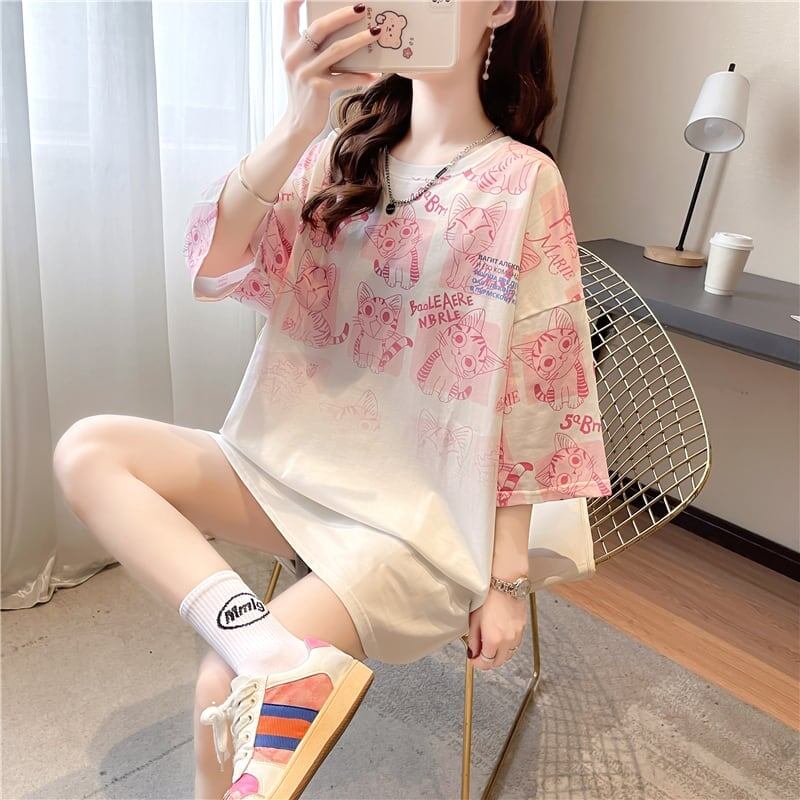 【半額！期間限定！！】大好評 プリント 猫柄 ロング Tシャツ 四色 ゆったりワンピース ＜U-4017＞