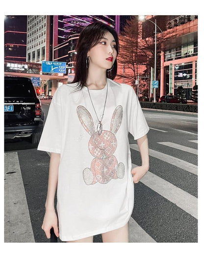 合わせやすい ビジュー ウサギ ロング Tシャツ ゆったり 半袖 ＜U-2887＞