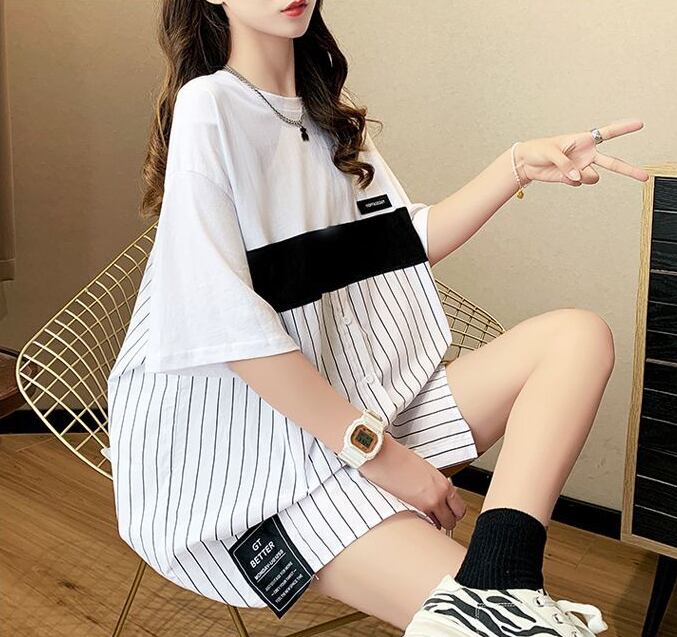 超人気 切り替え ストライプ柄 ラウンドネック プリント全2色 半袖Tシャツ<U-8741>