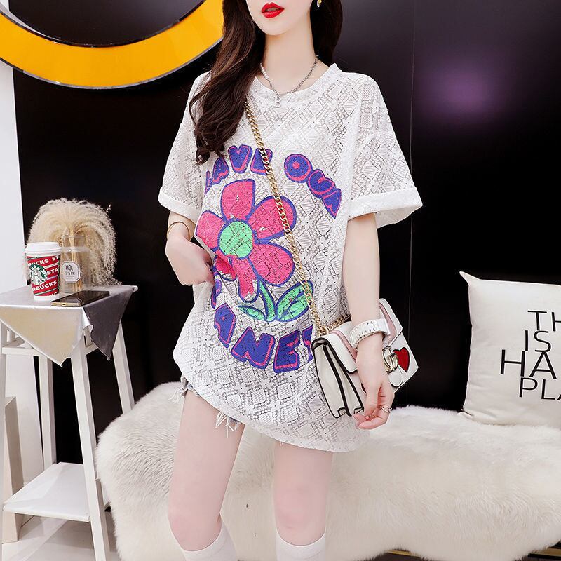 【半額！期間限定！！】新商品 切り替え 一目惚れ 透かし彫り プリント Tシャツ カットソー＜U-8523＞