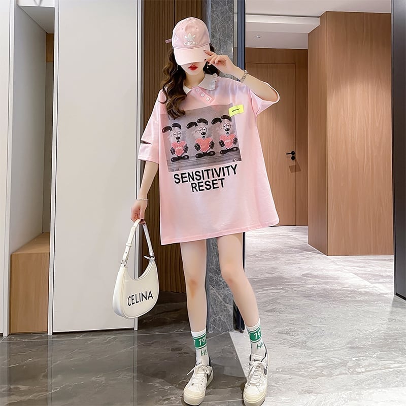夏新作 アルファベットプリント POLOネック ロング Tシャツ ゆったりワンピース ＜U-3038＞