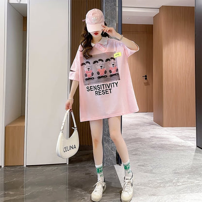 夏新作 アルファベットプリント POLOネック ロング Tシャツ ゆったりワンピース ＜U-3038＞