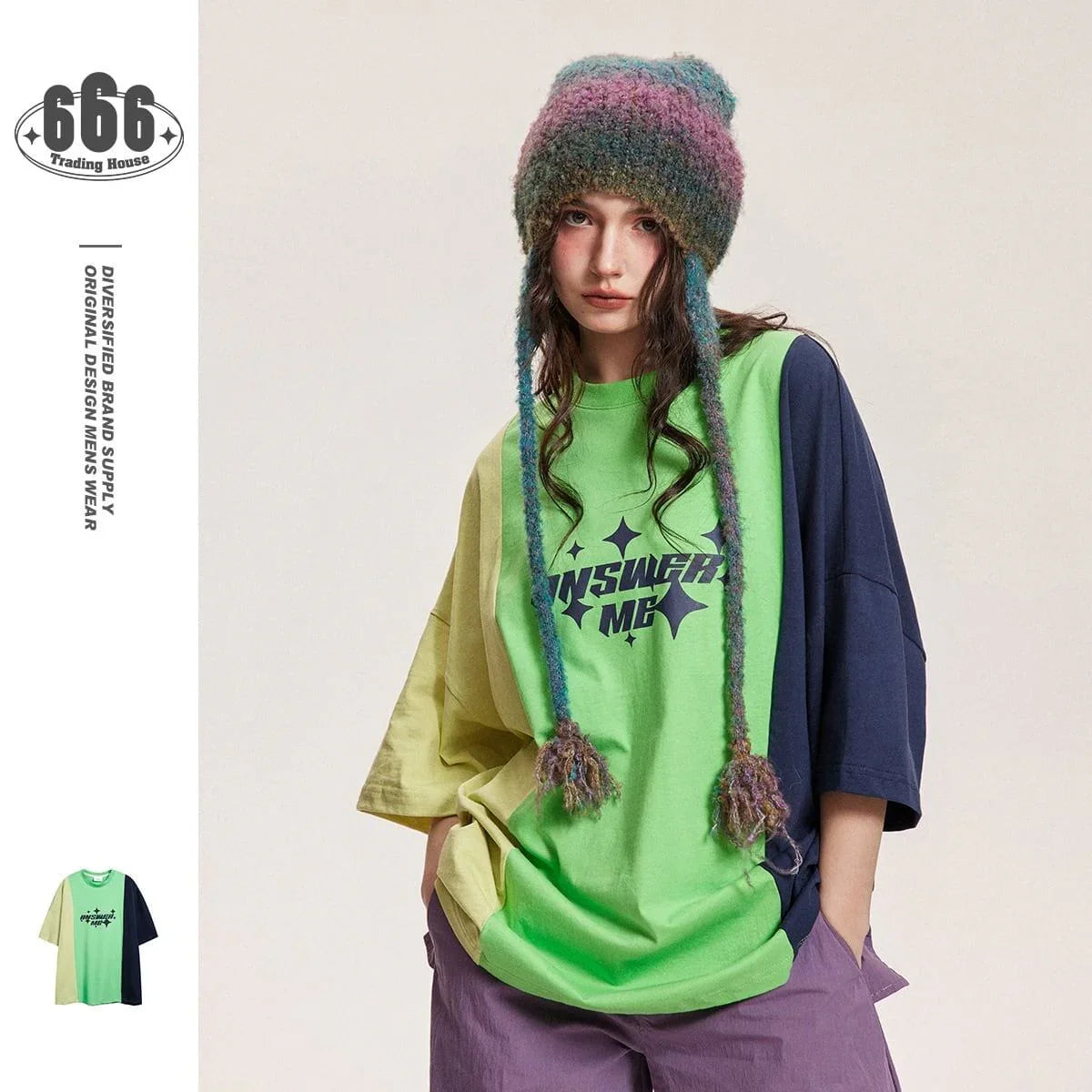 タイドブランドデザインセンス配色レトロプリントコットンTシャツ<U-2899>