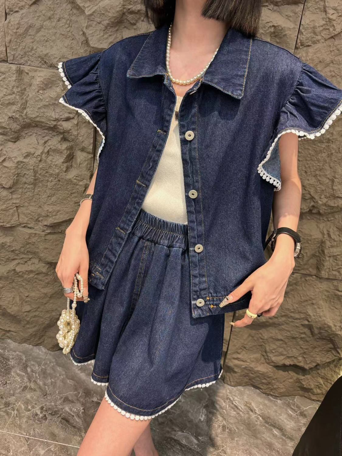 大好評 ファッション 売り切れ必至 2色選択 デニム 半袖 Tシャツ+ 短いスカート セットアップ ＜U-8992＞
