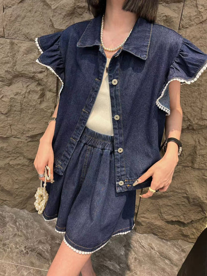 大好評 ファッション 売り切れ必至 2色選択 デニム 半袖 Tシャツ+ 短いスカート セットアップ ＜U-8992＞