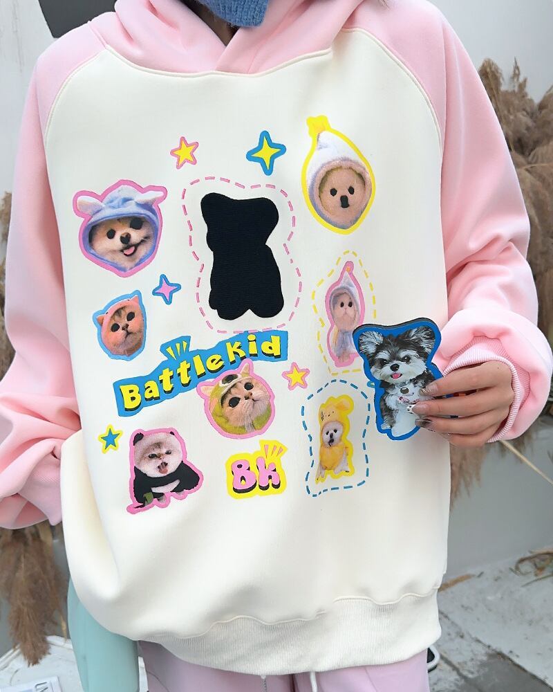 超人気商品猫柄犬柄ロゴ厚手ラグランパーカー全3色オーバーサイズトップス＜U-4473＞