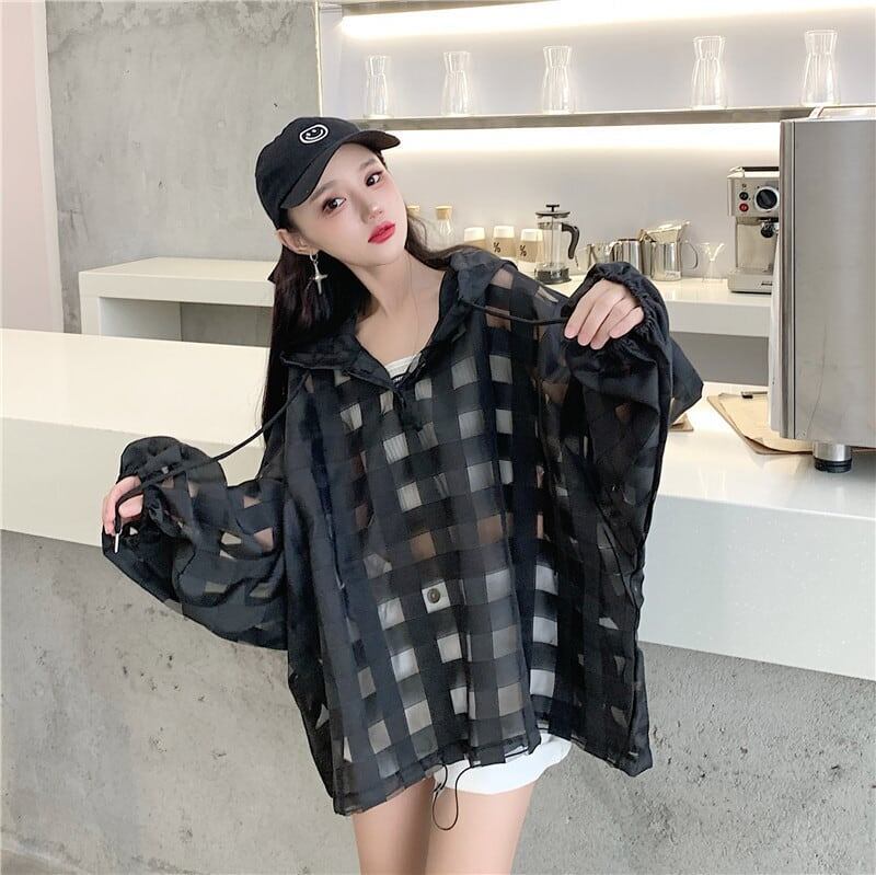 大人気 チェック柄 ゆったり 日焼け対策 UVカット 冷房対策 着?せ 長袖 フード付き シャツ ＜U-1910＞
