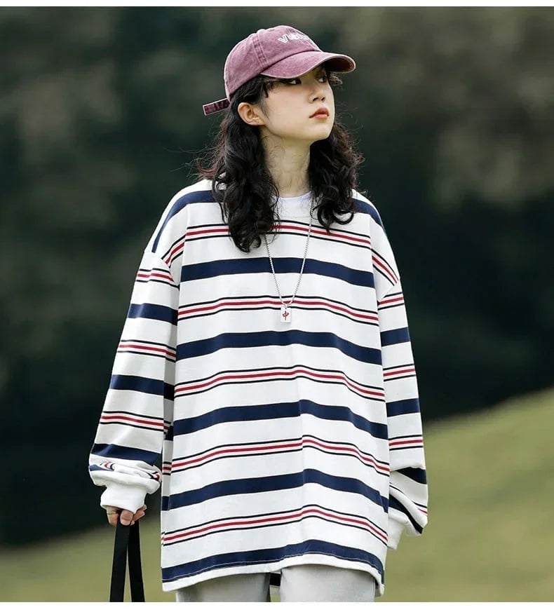 おすすめ 二色 ストライプ柄切り替え 長袖Ｔシャツ トップス＜U-4129＞
