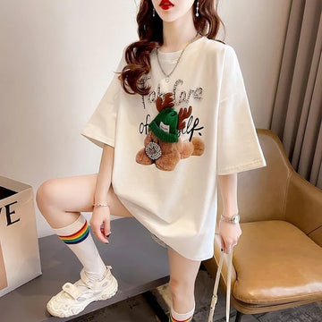 大活躍 ロング ビジューロゴ Tシャツ ゆったり 半袖 三色＜U-2922＞