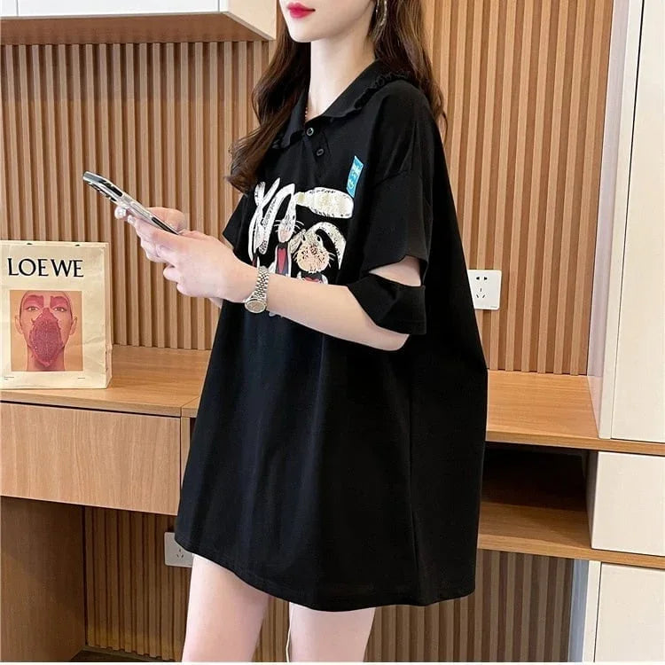 美人度アップ 折り襟 可愛いウサギちゃん プリントロング Tシャツ ゆったり半袖 ＜U-2956＞
