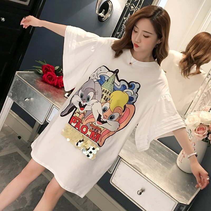 スタイリッシュ プリント 一目惚れ Tシャツ カットソー ワンピース＜U-3440＞