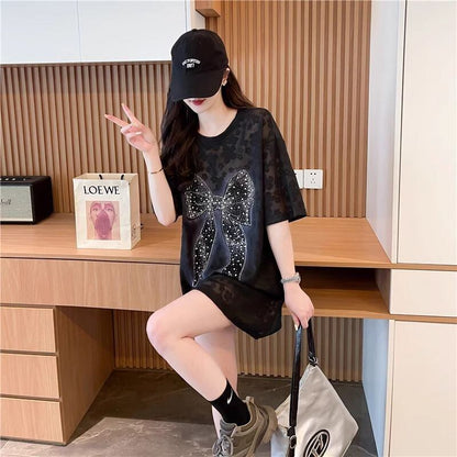 大人可愛い リボン カジュアル デザイン ゆったり 半袖 Tシャツ＜U-8659＞