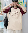 カラーマッチング スマイル ラグランTシャツ アルファベットプリント半袖 ＜U-2972＞