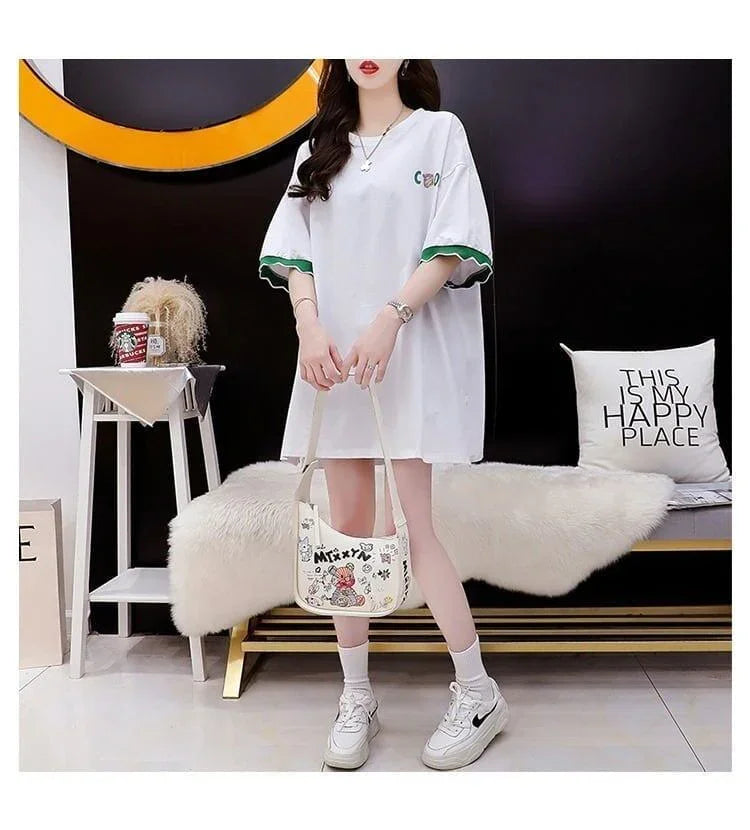 アルファベット プリント ドロップショルダー ロングTシャツ ゆったり＜U-2888＞