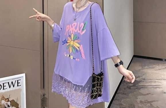 スウィート 花柄 レース アルファベット プリント ロングTシャツ ゆったり半袖＜U-2952＞